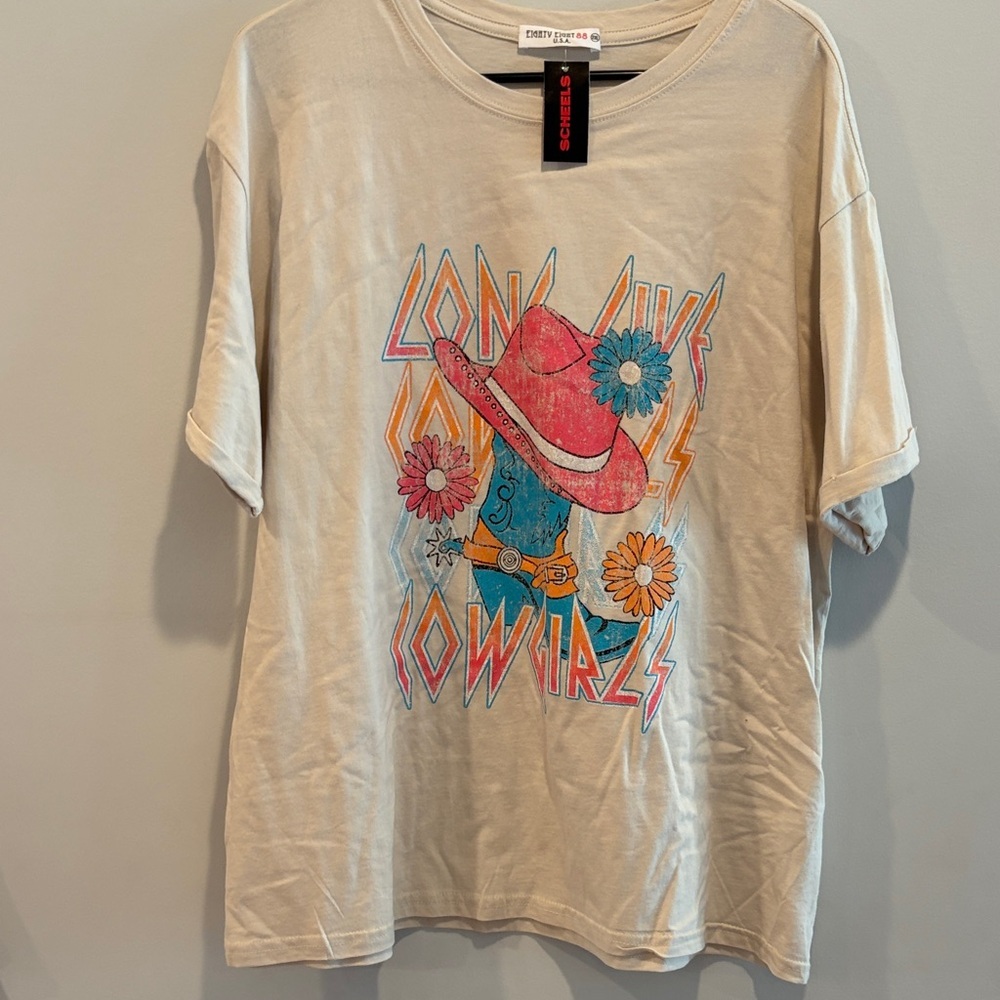 Eighty Eight Beige Graphic Tee with Pink and Blue Accents